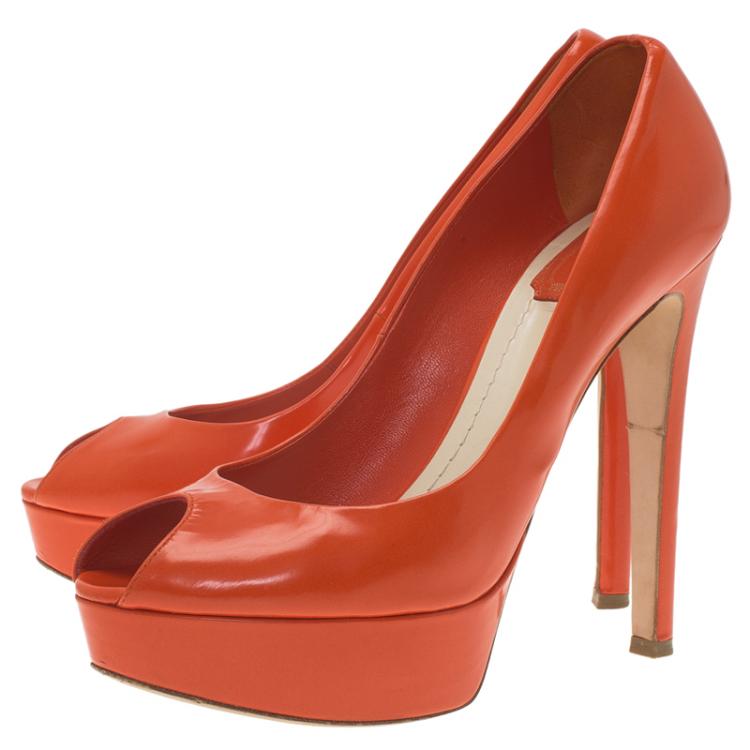 Pre Owned Dior Orange Leather Miss Dior Peep Toe Platform Pumps Size 38