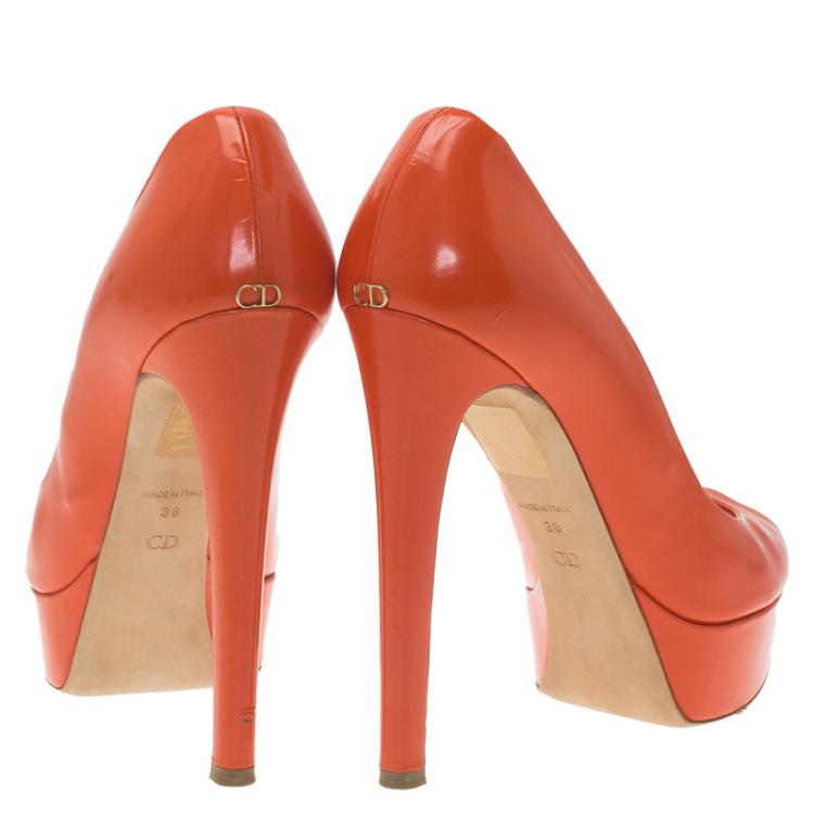 Pre Owned Dior Orange Leather Miss Dior Peep Toe Platform Pumps Size 38