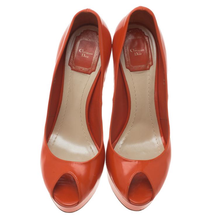 Pre Owned Dior Orange Leather Miss Dior Peep Toe Platform Pumps Size 38