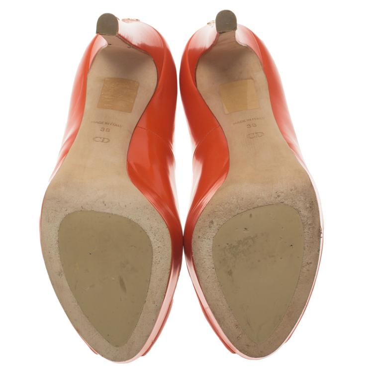 Pre Owned Dior Orange Leather Miss Dior Peep Toe Platform Pumps Size 38
