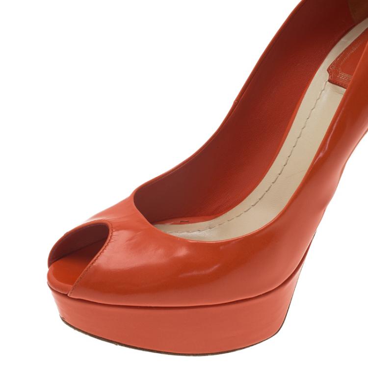 Pre Owned Dior Orange Leather Miss Dior Peep Toe Platform Pumps Size 38