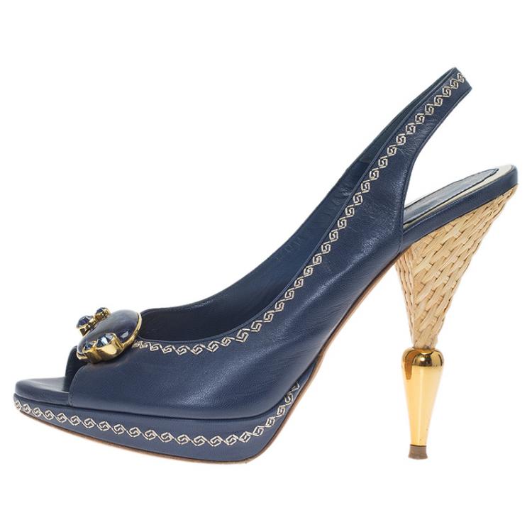 Pre Owned Dior Blue Leather Embellished Slingback Sandals Size 38.5