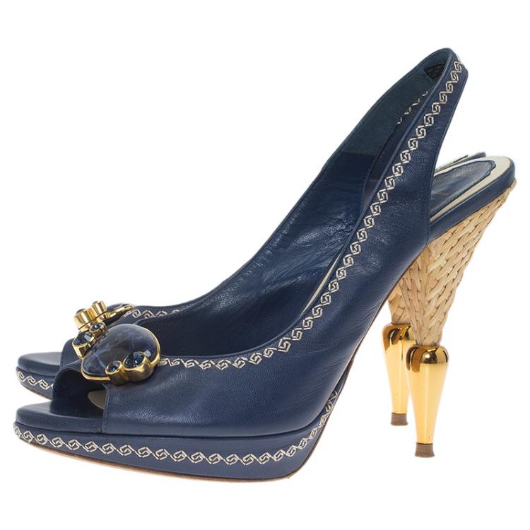 Pre Owned Dior Blue Leather Embellished Slingback Sandals Size 38.5