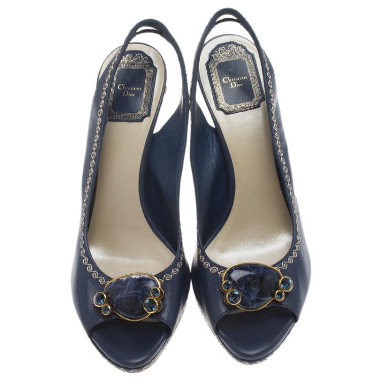 Pre Owned Dior Blue Leather Embellished Slingback Sandals Size 38.5