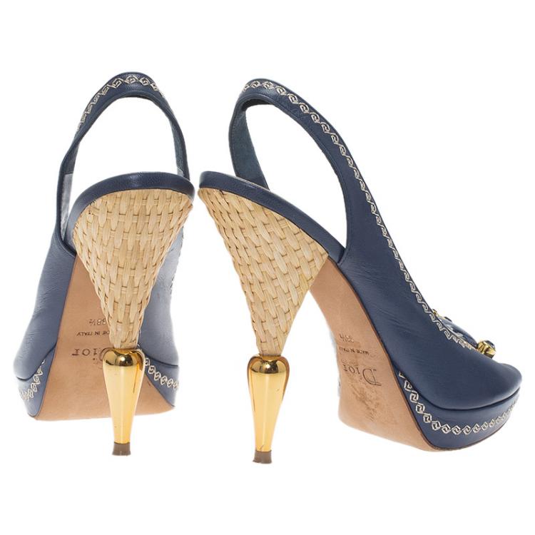 Pre Owned Dior Blue Leather Embellished Slingback Sandals Size 38.5