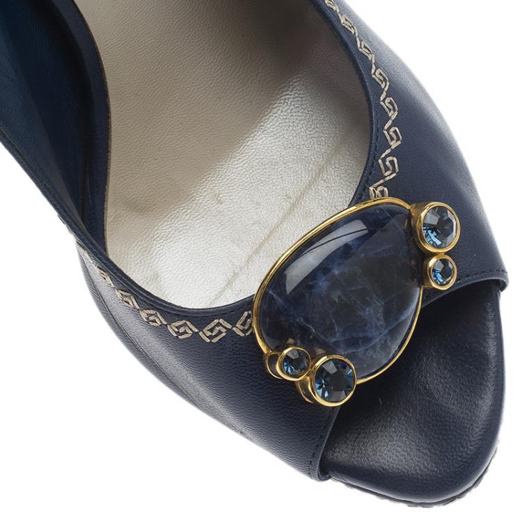 Pre Owned Dior Blue Leather Embellished Slingback Sandals Size 38.5