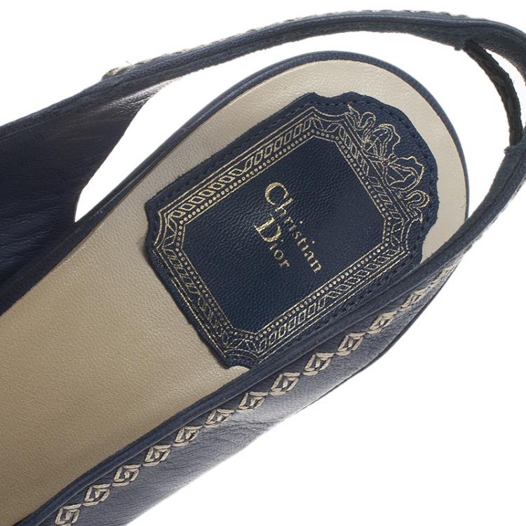 Pre Owned Dior Blue Leather Embellished Slingback Sandals Size 38.5
