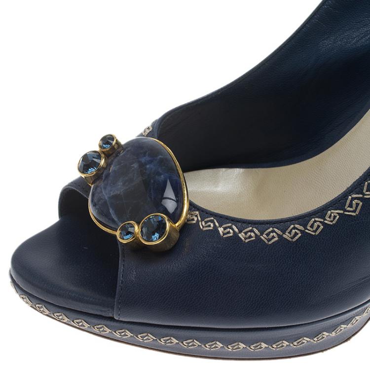 Pre Owned Dior Blue Leather Embellished Slingback Sandals Size 38.5