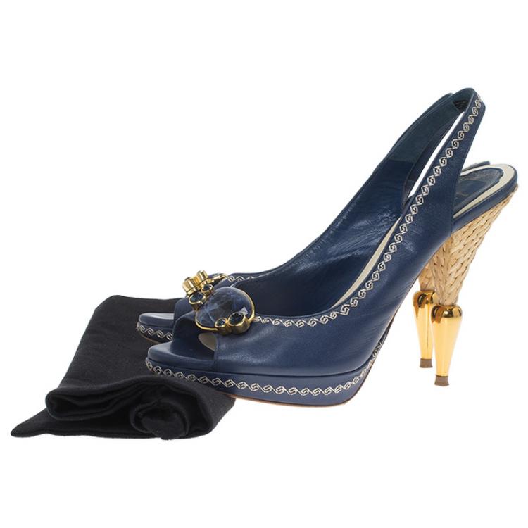 Pre Owned Dior Blue Leather Embellished Slingback Sandals Size 38.5