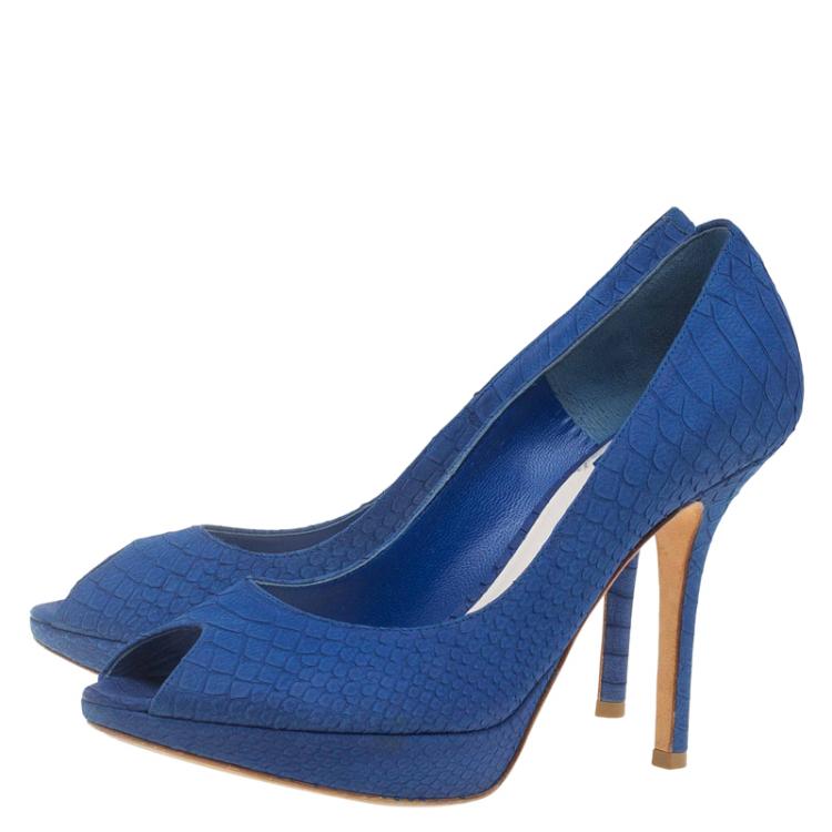 Pre Owned Dior Blue Python Embossed Miss Dior Peep Toe Pumps Size 37