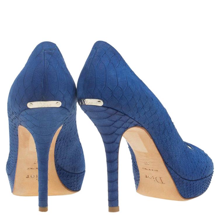Pre Owned Dior Blue Python Embossed Miss Dior Peep Toe Pumps Size 37