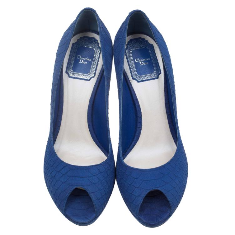 Pre Owned Dior Blue Python Embossed Miss Dior Peep Toe Pumps Size 37