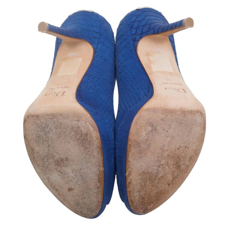 Pre Owned Dior Blue Python Embossed Miss Dior Peep Toe Pumps Size 37