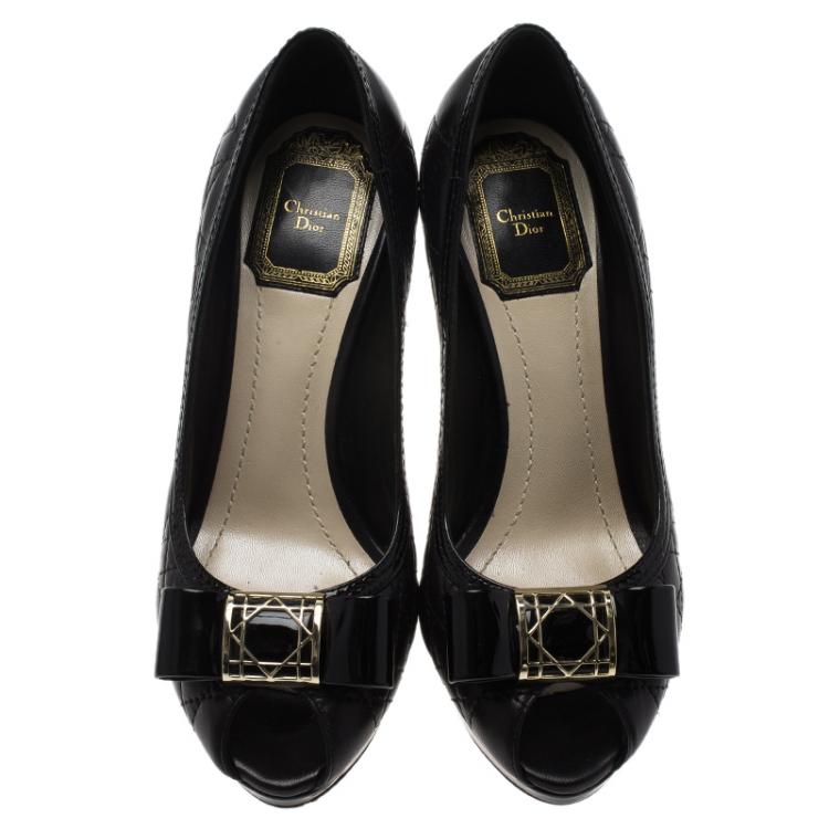 Pre Owned Dior Black Leather Cannage Bow Peep Toe Platform Pumps Size 35