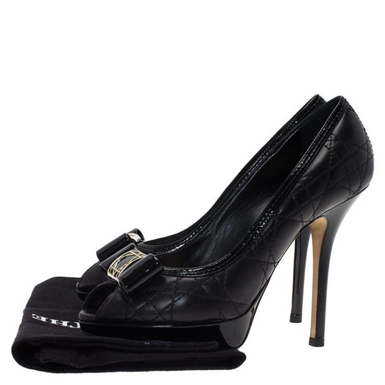 Pre Owned Dior Black Leather Cannage Bow Peep Toe Platform Pumps Size 35