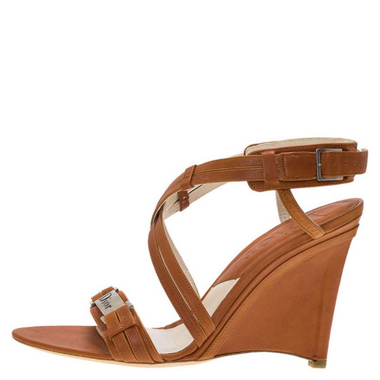 Pre Owned Dior Brown Leather Logo Strappy Slingback Wedge Sandals Size 39