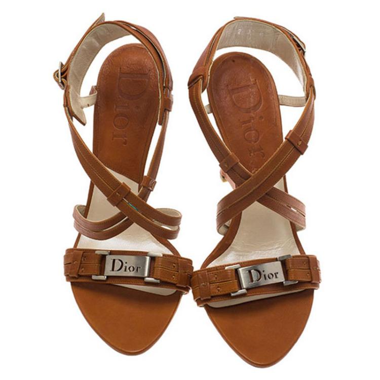 Pre Owned Dior Brown Leather Logo Strappy Slingback Wedge Sandals Size 39