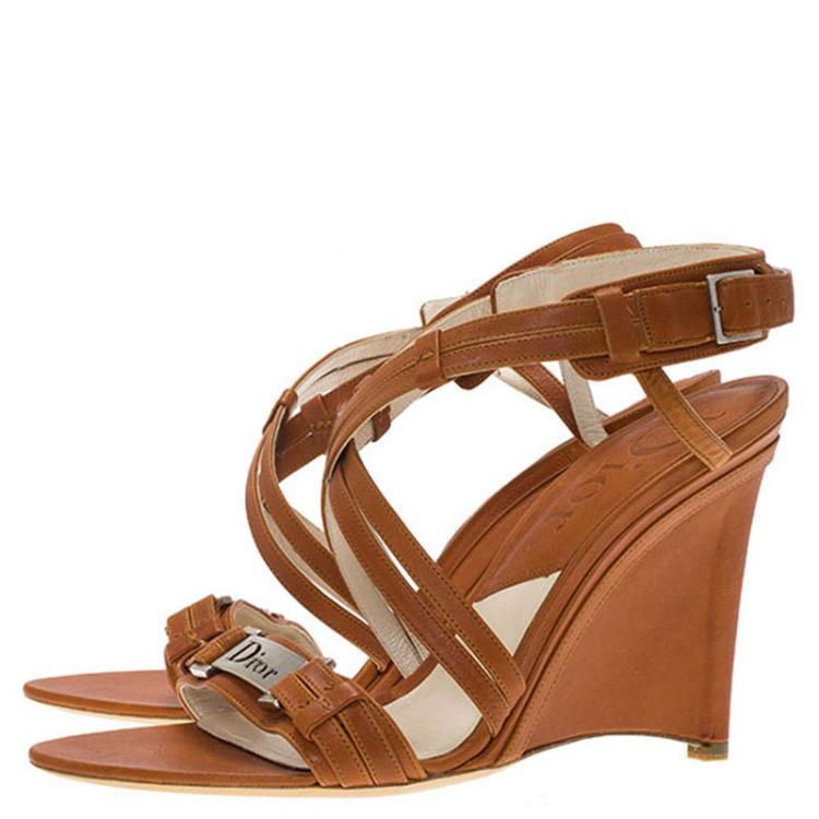 Pre Owned Dior Brown Leather Logo Strappy Slingback Wedge Sandals Size 39