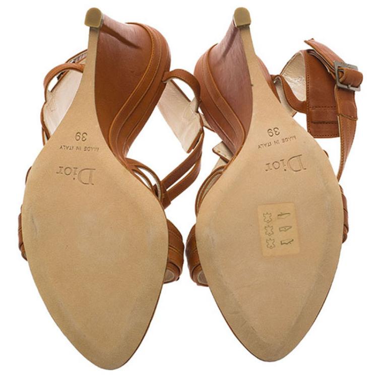 Pre Owned Dior Brown Leather Logo Strappy Slingback Wedge Sandals Size 39
