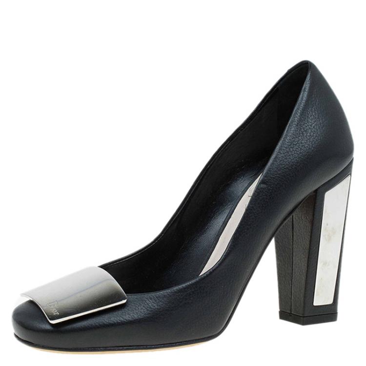 Pre Owned Dior Black Leather Metal Plate Block Heel Pumps Size 36.5