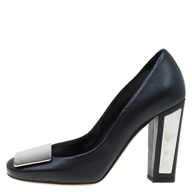 Pre Owned Dior Black Leather Metal Plate Block Heel Pumps Size 36.5