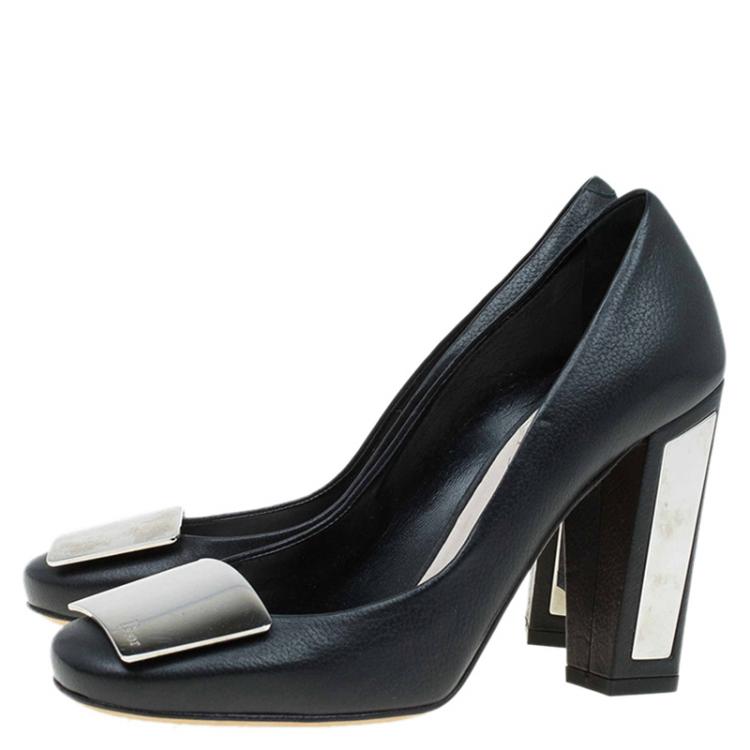 Pre Owned Dior Black Leather Metal Plate Block Heel Pumps Size 36.5