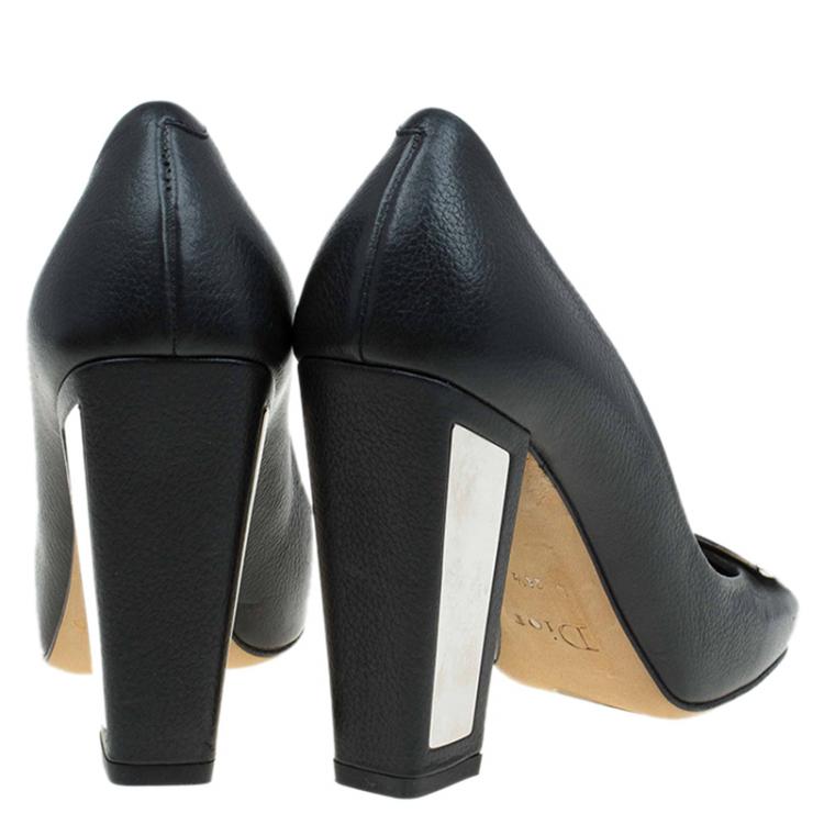Pre Owned Dior Black Leather Metal Plate Block Heel Pumps Size 36.5
