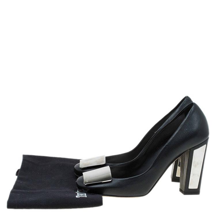 Pre Owned Dior Black Leather Metal Plate Block Heel Pumps Size 36.5