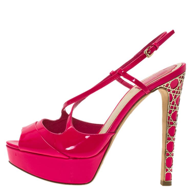 مملوكة مسبقًا Dior Fuchsia Pink Patent Cannage Heel Cross Strap Platform Sandals Size 38