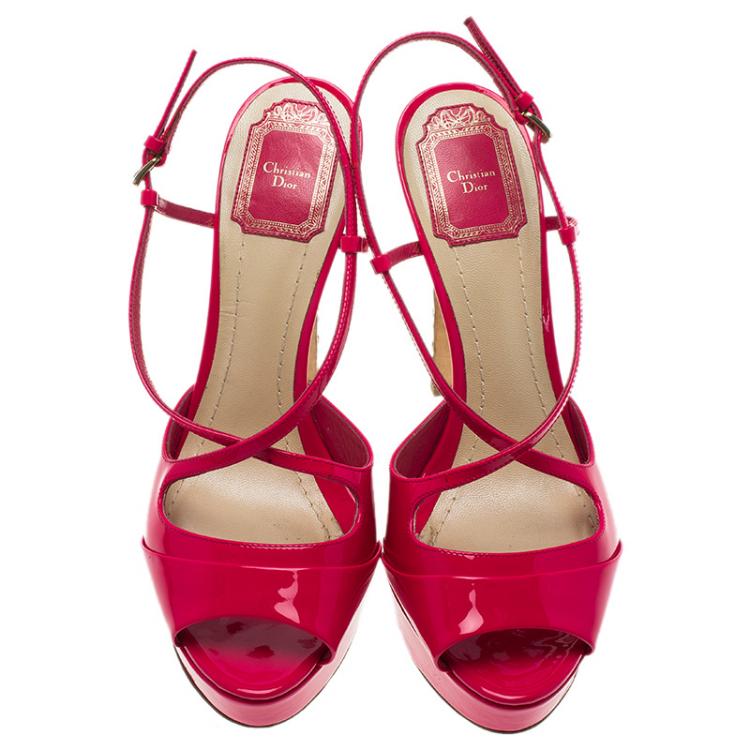 مملوكة مسبقًا Dior Fuchsia Pink Patent Cannage Heel Cross Strap Platform Sandals Size 38