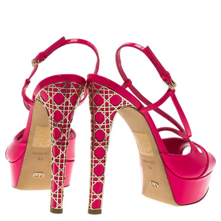 مملوكة مسبقًا Dior Fuchsia Pink Patent Cannage Heel Cross Strap Platform Sandals Size 38