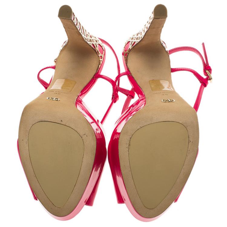 مملوكة مسبقًا Dior Fuchsia Pink Patent Cannage Heel Cross Strap Platform Sandals Size 38