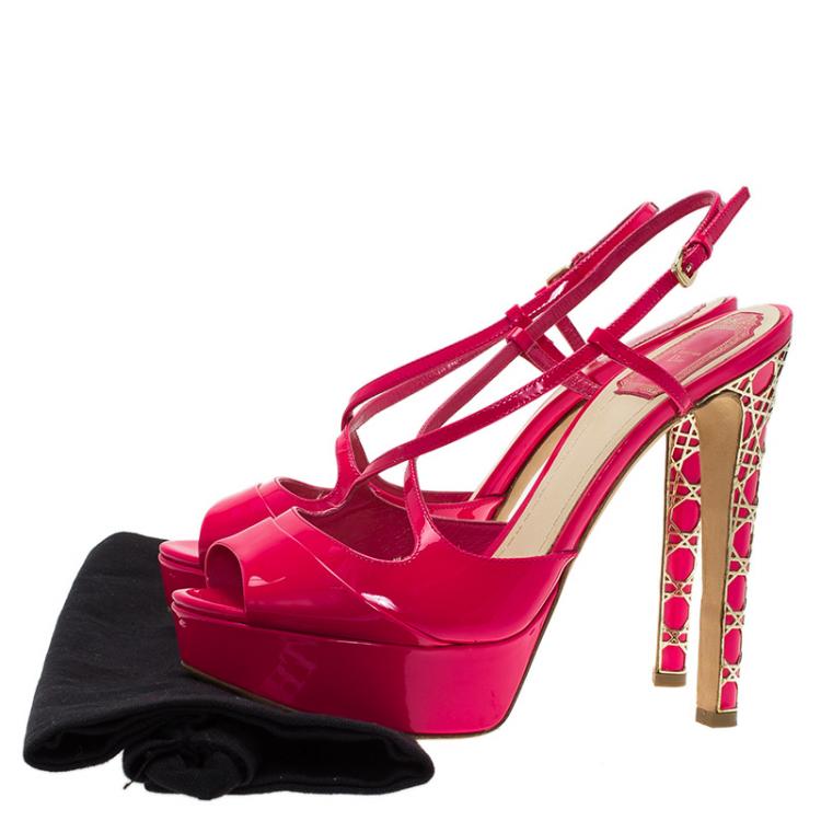 مملوكة مسبقًا Dior Fuchsia Pink Patent Cannage Heel Cross Strap Platform Sandals Size 38