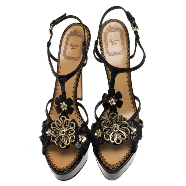 Pre Owned Dior Black Patent Fleur Embellished Strappy Sandals Size 38.5