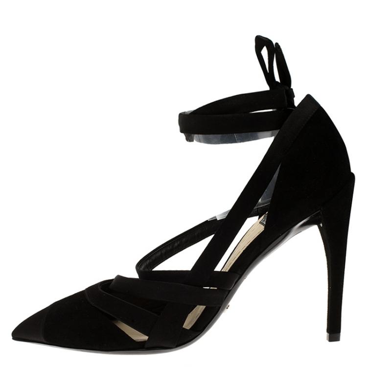 Pre Owned Dior Black Suede and Satin Ankle Wrap Pumps Size 37