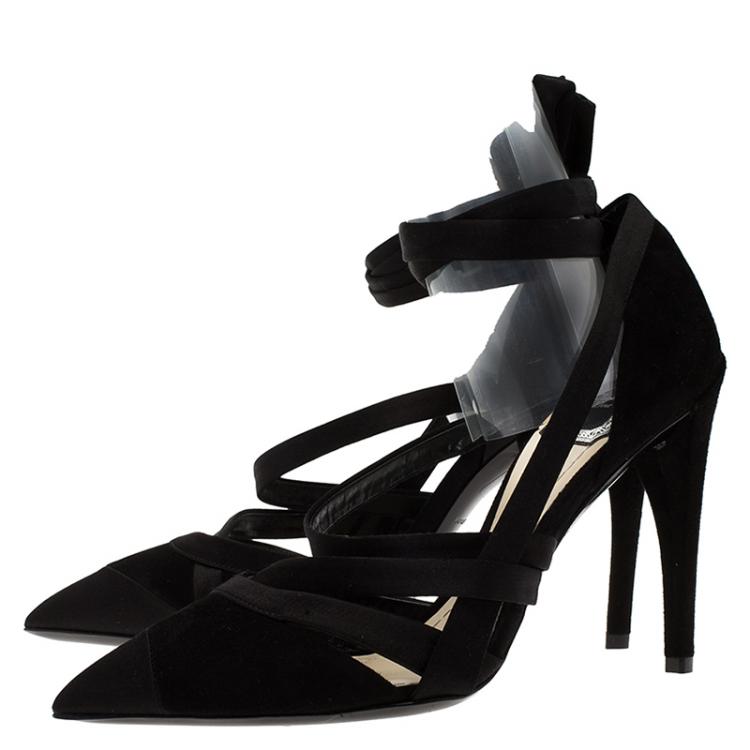 Pre Owned Dior Black Suede and Satin Ankle Wrap Pumps Size 37