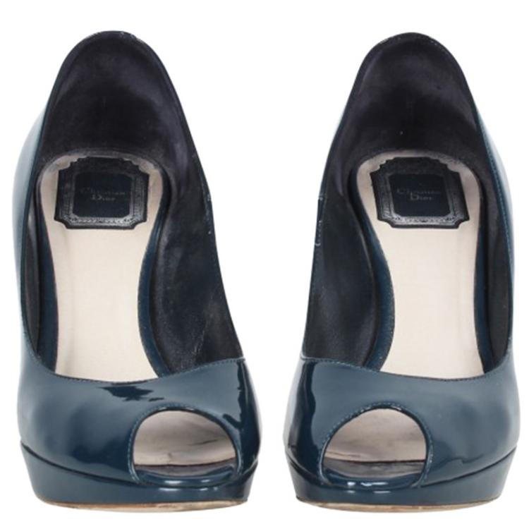 Pre Owned Dior Blue Patent Miss Dior Peep Toe Platform Pumps Size 39