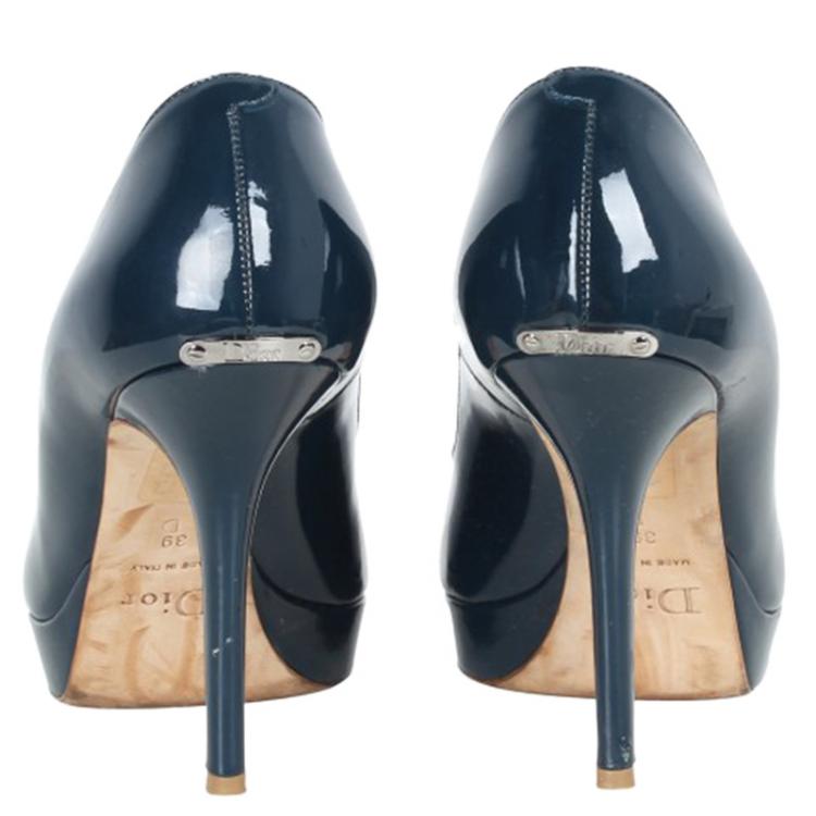 Pre Owned Dior Blue Patent Miss Dior Peep Toe Platform Pumps Size 39