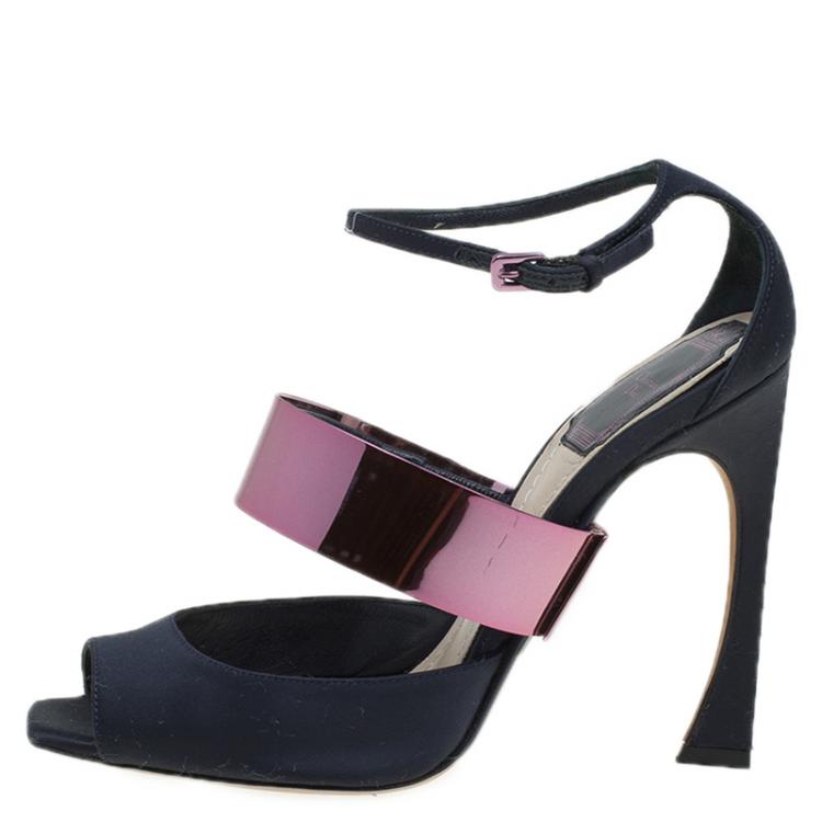 مملوكة مسبقًا Dior Prussian Blue Satin Open Toe Ankle Strap Sandals Size 37