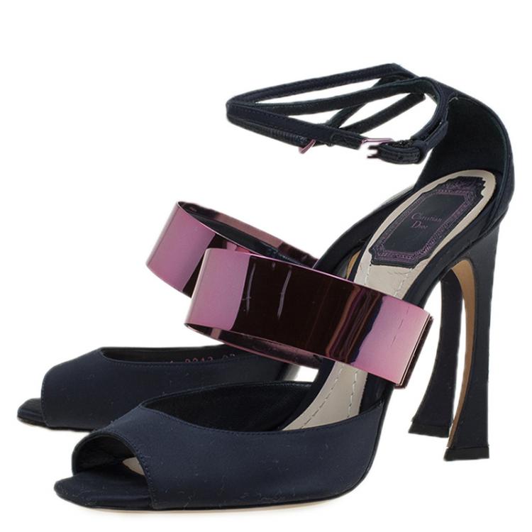 مملوكة مسبقًا Dior Prussian Blue Satin Open Toe Ankle Strap Sandals Size 37