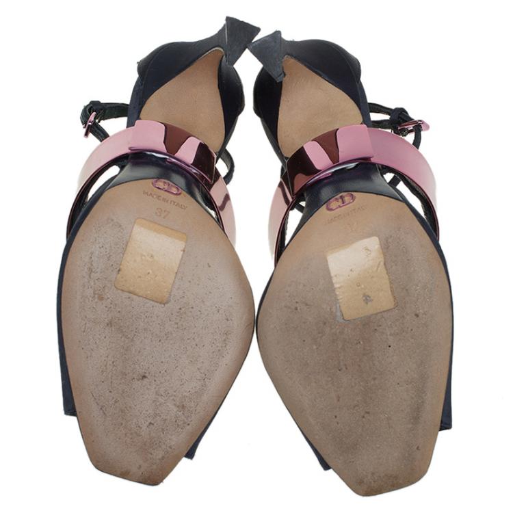 مملوكة مسبقًا Dior Prussian Blue Satin Open Toe Ankle Strap Sandals Size 37