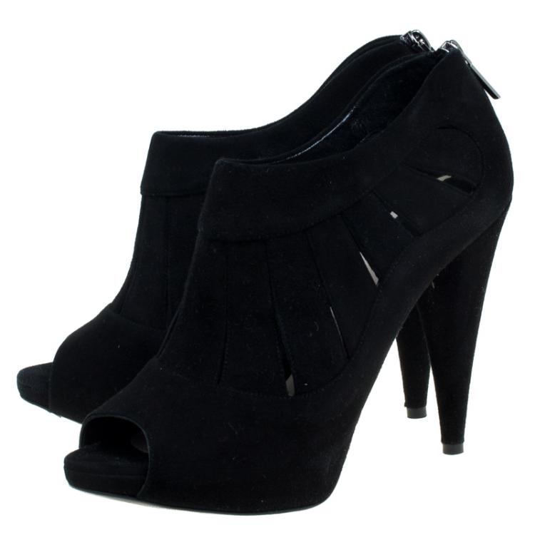 Pre Owned Dior Black Suede Eclipse Cut Out Peep Toe Ankle Booties Size 38.5