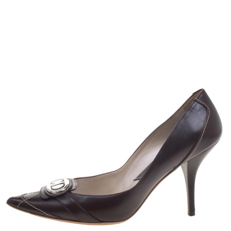 Pre Owned Dior Brown Leather Pointed Toe Logo Pumps Size 39
