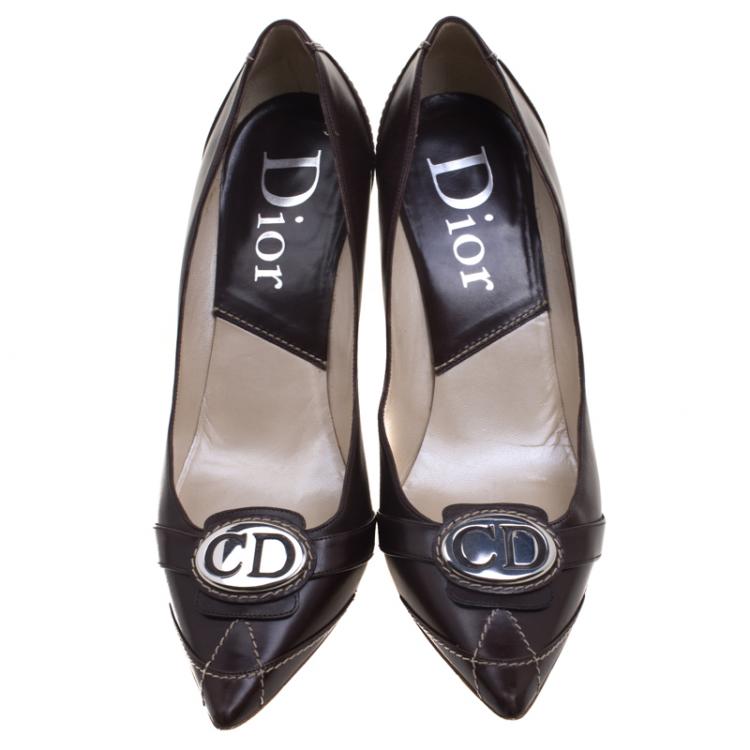 Pre Owned Dior Brown Leather Pointed Toe Logo Pumps Size 39