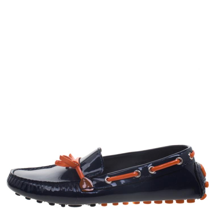 Pre Owned Dior Navy Blue Patent Leather Bow Loafers Size 36