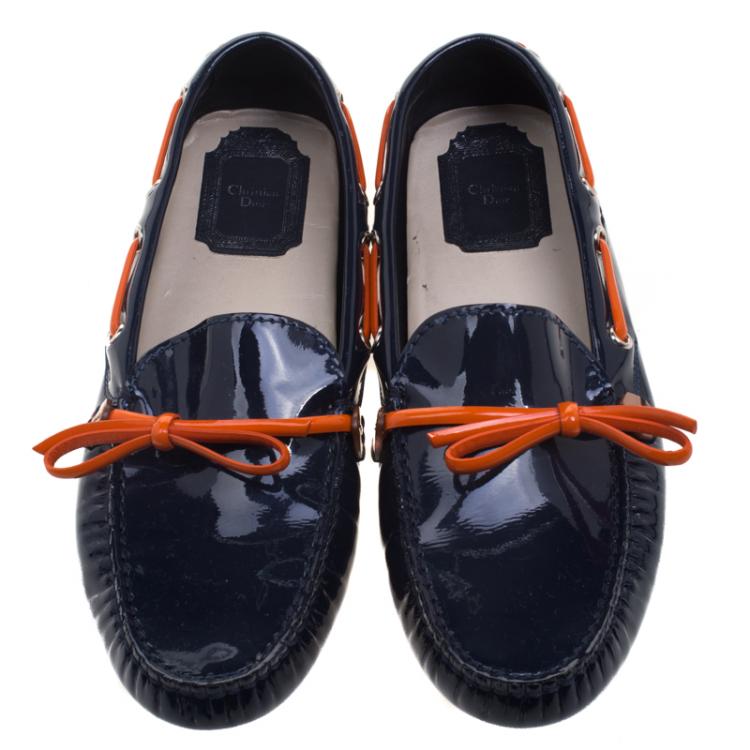 Pre Owned Dior Navy Blue Patent Leather Bow Loafers Size 36