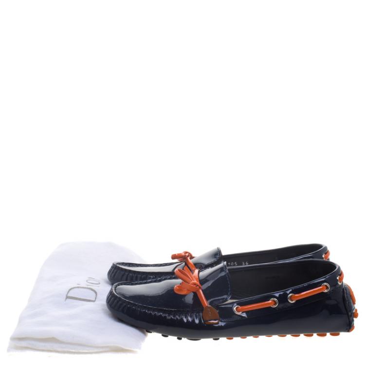 Pre Owned Dior Navy Blue Patent Leather Bow Loafers Size 36