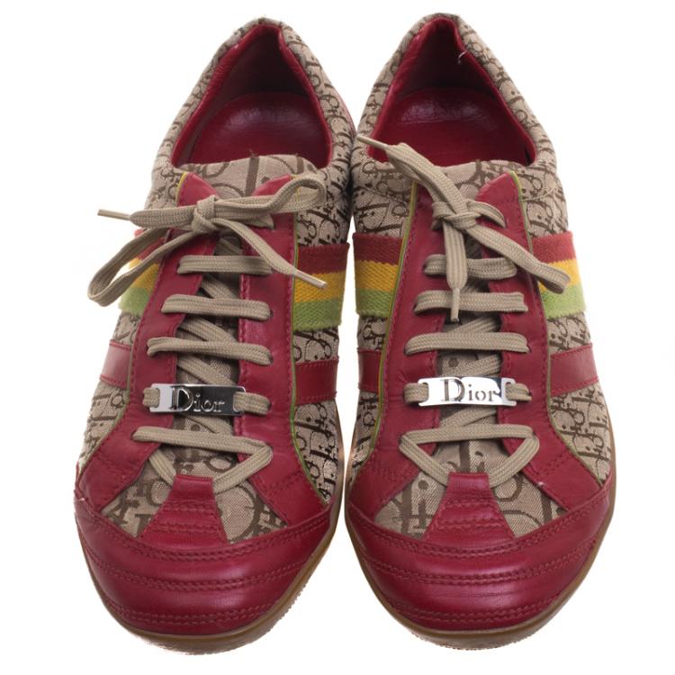 Pre Owned Dior Beige and Red Diorissimo Canvas Lace Up Sneakers Size 41