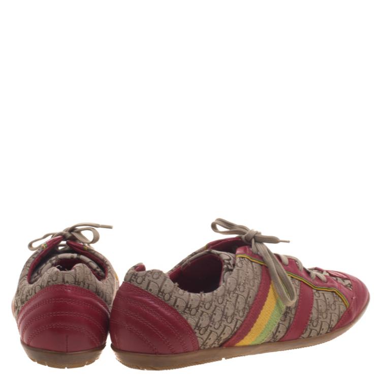 Pre Owned Dior Beige and Red Diorissimo Canvas Lace Up Sneakers Size 41