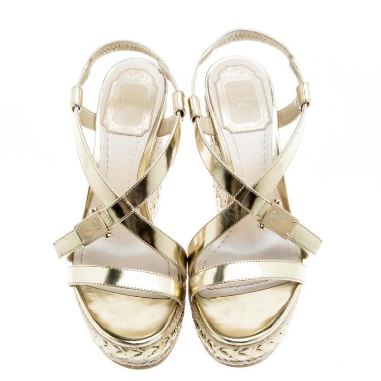 Pre Owned Dior Gold Metallic Leather Cross Strap Espadrille Wedge Sandals Size 36